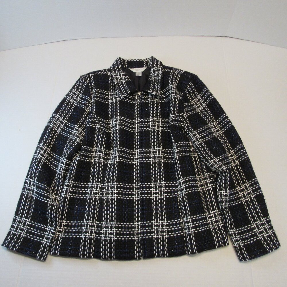 Christopher & Banks Black/White/Blue Plaid Full Zip Blazer/Jacket Size Petite L